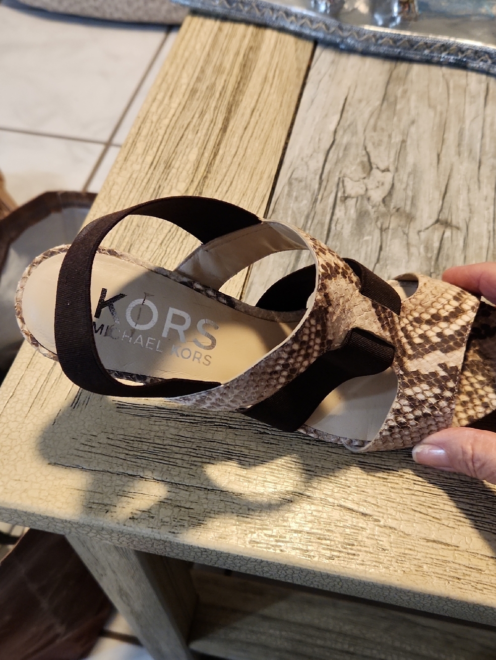 Michael Kors Brown Snake-Print Wedge Sandals with Black Elastic Straps